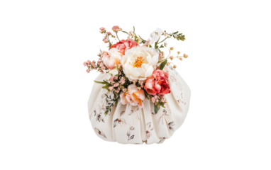 A romantic and intimate moment between the bride and groom as he holds her waist, surrounded by elegant floral arrangements isolated on white background PNG