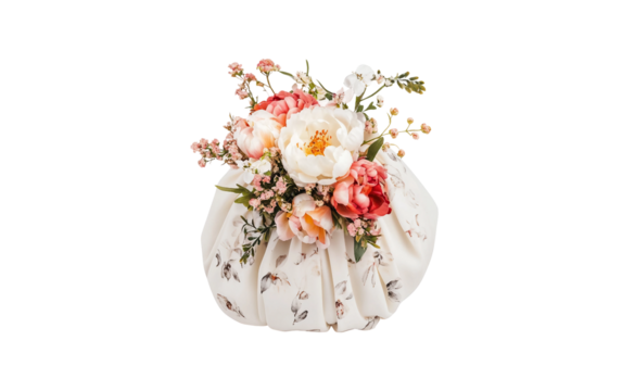 A romantic and intimate moment between the bride and groom as he holds her waist, surrounded by elegant floral arrangements isolated on white background PNG - Powered by Adobe
