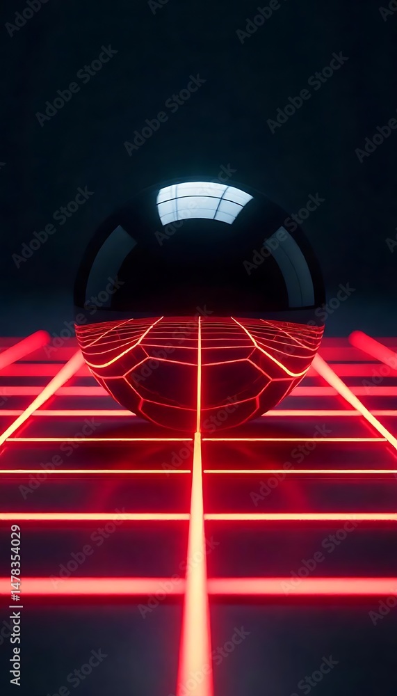 Poster generative ai art featuring a reflective sphere and a glowing red grid