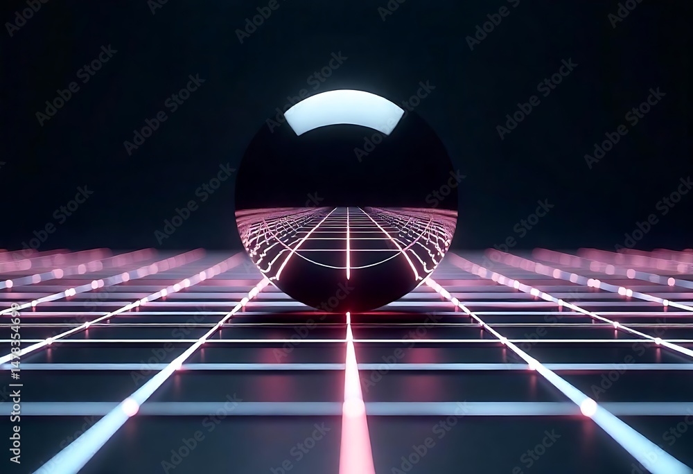 Aufkleber generative ai a futuristic gridscape with reflective orb in neon light