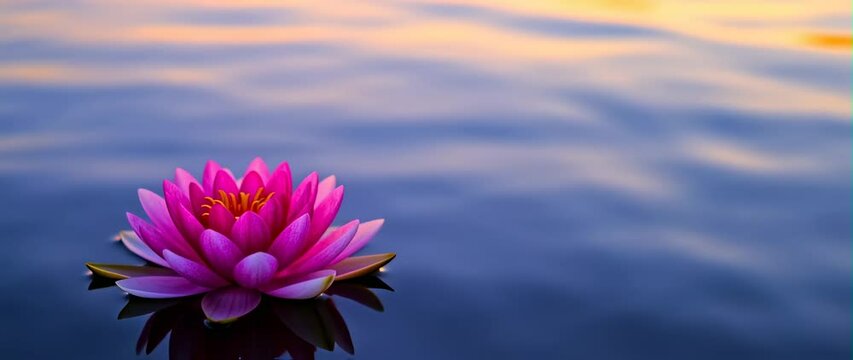 Anamorphic video A shimmering pink lotus flower with delicate petals, floating relaxed in a calming scene of deep azure water at dusk