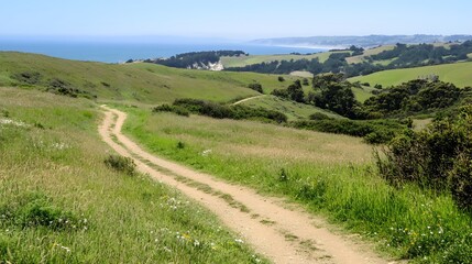 Scenic Coastal Dirt Road Winding Through Lush Green Hills
