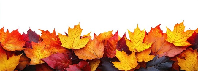 A vibrant collection of autumn leaves in shades of yellow, orange, red, and brown arranged closely together on a white background evoking the feeling of fall