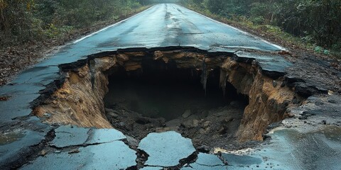 Large sinkhole in the middle of an asphalt road surrounded by dense forest, showing cracked pavement and exposed soil beneath, evoking danger and decay