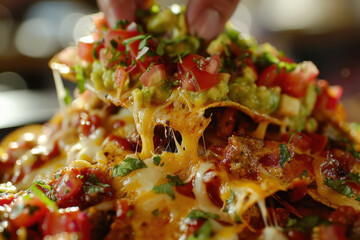 Cheesy nachos topped with guacamole and salsa being picked up by hand