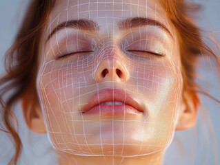 Close-up of a woman’s peaceful face with eyes closed and a white grid overlay mapping facial contours and features under soft natural light