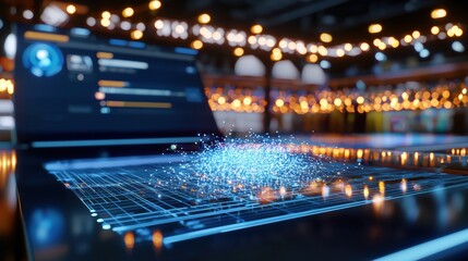 Innovative technology showcase modern office digital artwork urban environment close-up viewpoint futuristic concept