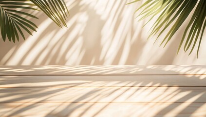 Obraz premium Beige Wooden Surface With Palm Leaf Shadows