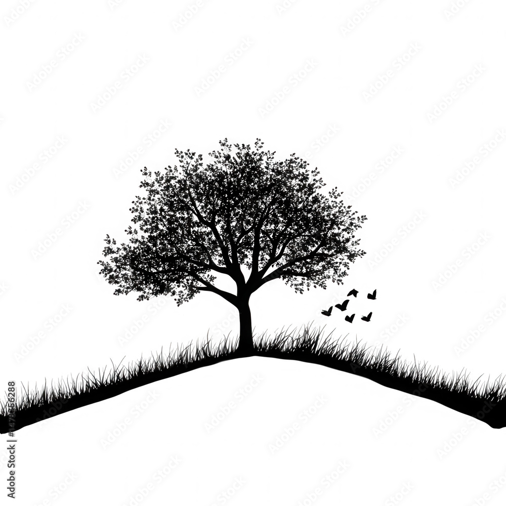 Poster a grayscale image of a tree on a hill against a transparent background with some leaves falling from