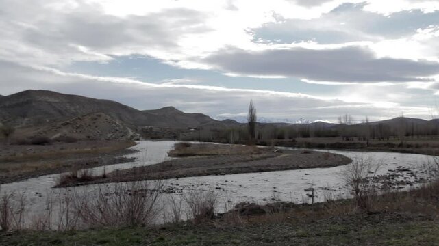 Winding Path of the Curi Leuvu River Near the Patagonian Town of Chos Malal, in Neuquen Province, Argentina