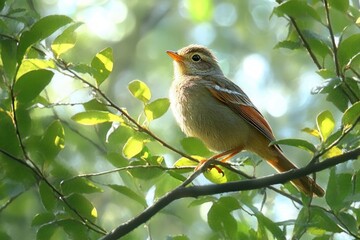 small bird with brown and orange feathers perched on leafy green tree branch illuminated by soft sunlight