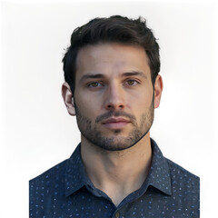 Obraz premium Confident Young Man in Stylish Blue Shirt | Casual Attire Portrait Photography with Facial Hair and Modern Lifestyle Background