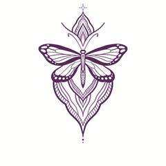 Purple mandala with butterfly, sketch for tattoo