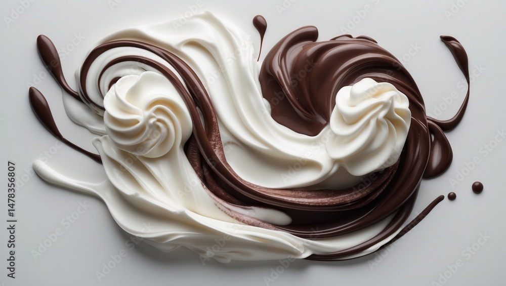 Poster swirls of white and dark chocolate cream on a smooth white background, creating an artistic and appe