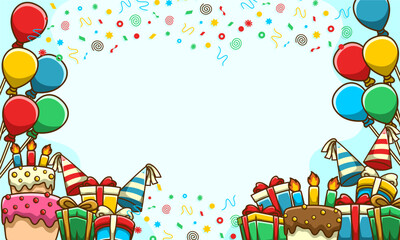 Birthday Cherfull template background with gift box, balloon. hand draw flat design.