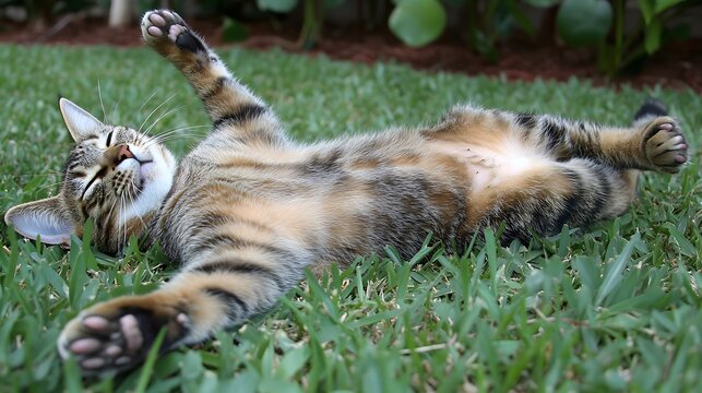 Adorable Tabby Kitten Sleeping on Grass, Relaxed Cat in Garden