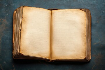 Open old book with worn, yellowed blank pages on a textured dark blue surface evokes a sense of history and mystery