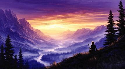 Stunning Vector Landscape Illustration of Majestic Mountains with Person Enjoying Breathtaking Sunset View Over River Valley Beautiful Nature Scenery Background