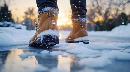 person walking on snowy icy surface wearing brown winter boots during sunset with snowflakes falling