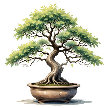 A watercolor of a monkeypod tree bonsai, isolated on a white background. Bonsai vector.