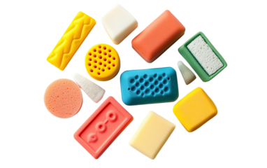 A vibrant collection of erasers in various shapes and colors, showcasing creativity and fun isolated on white background PNG