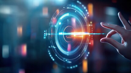 Interactive digital interface displaying futuristic technology virtual environment high-tech concept close-up perspective