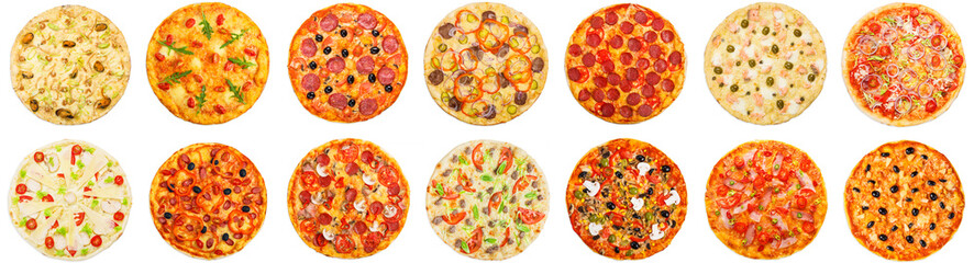 Different pizzas set on white background, top view. Choose your pizza concept