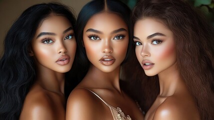 Obraz premium Close-up portrait of three beautiful young women with flawless glowing skin and striking makeup posing together with confident expressions