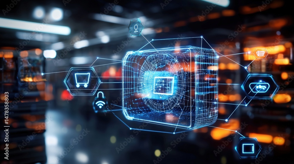 Poster digital security technology advancements data center infographic futuristic environment aerial view 