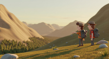 Hikers in Lush Green Mountain Landscape Under Warm Sunlight Exploring Natural Beauty Together