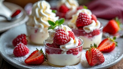 Delicate raspberry dessert with vanilla cream and strawberries