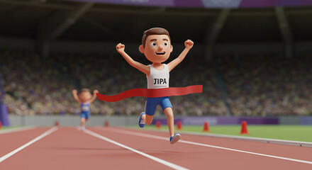 Obraz premium Male Cartoon Athlete Winning a Race with Raised Arms at Finish Line in Outdoor Stadium with Red Track and Blurred Spectators Cheering