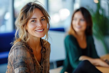 Fototapeta premium Smiling woman with blonde hair in a patterned blouse sitting indoors with another woman blurred in the background, conveying warmth and friendliness