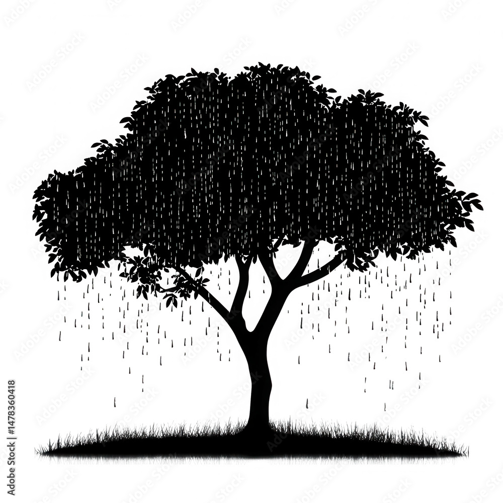 Poster a monochrome illustration of a tree with falling pixels against a transparent background and grass b