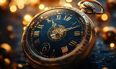 Close-up of an elegant vintage gold pocket watch with Roman numerals and intricate gears, resting on a dark surface with warm bokeh lights in the background