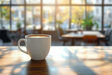 Fototapeta premium White ceramic cup of coffee on a wooden table in a sunlit cafe with blurred background and warm atmosphere