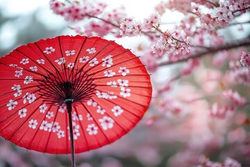 Red traditional umbrella decorated with white flowers against blooming pink cherry blossom branches creating a serene spring atmosphere