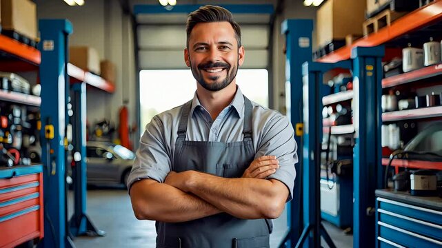 Auto Mechanic Smiling in Modern Garage Workshop