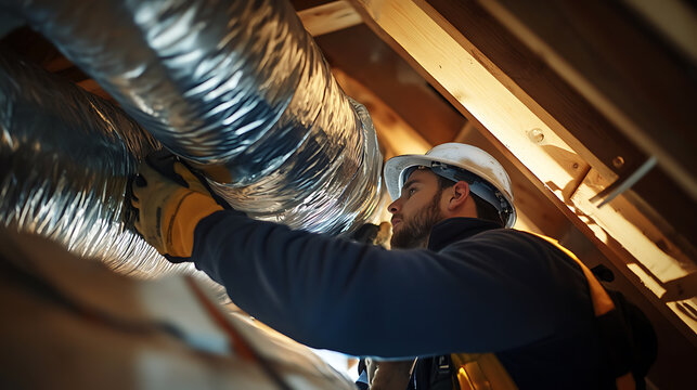 HVAC Technician Installing Ductwork in Attic