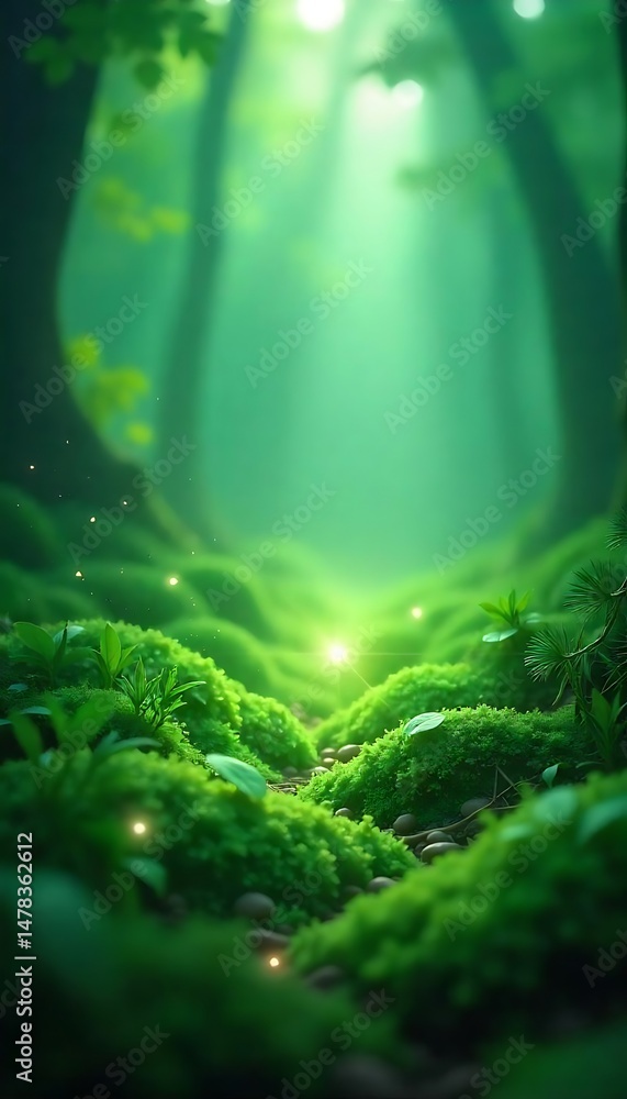 Poster generative ai : enchanted mossy forest floor with ethereal glowing light shafts filtering through th