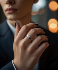 Elegant close-up of a woman with black nail polish showcasing a diamond ring, dressed in a dark suit, with soft bokeh lights in the background, symbolizing luxury and style

