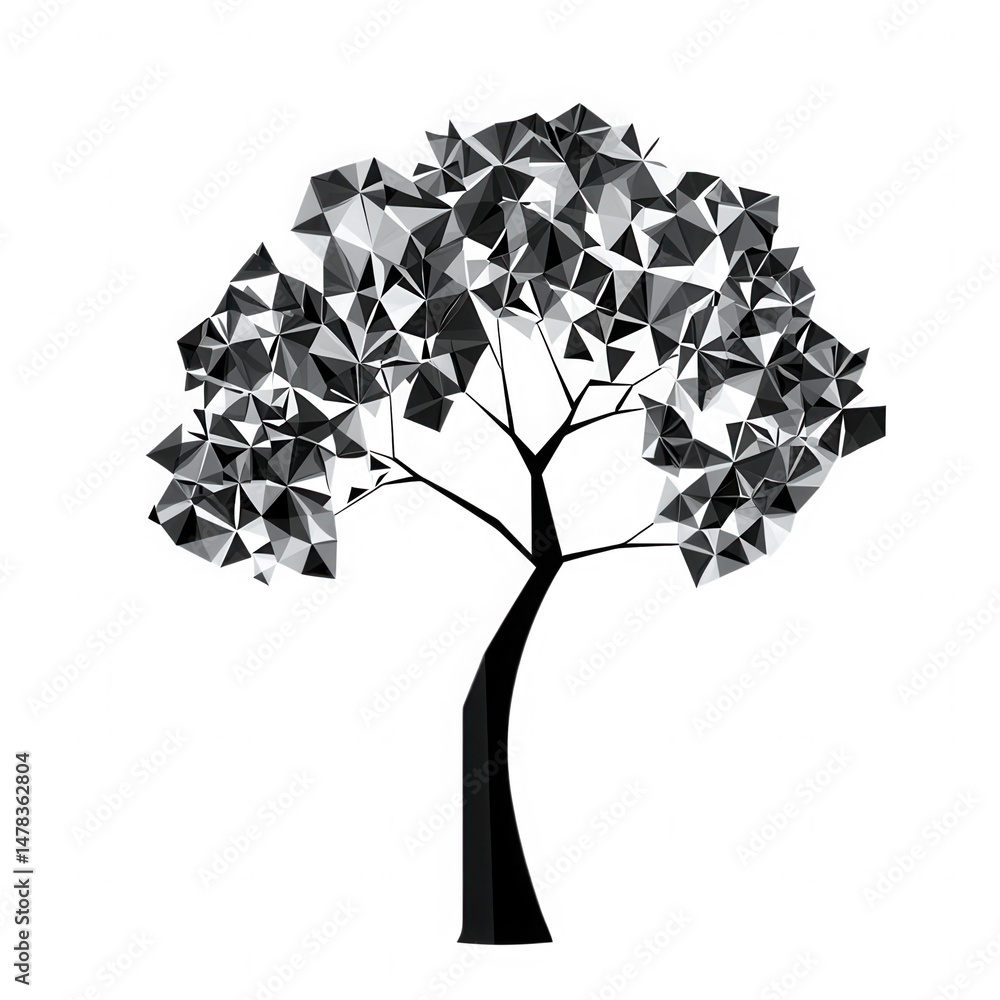 Poster a stylized tree with a trunk and branches and a canopy made of triangular polygons on a black backgr