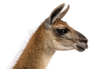 Obraz premium Close-up profile of a llama, showcasing its soft fur and expressive eyes against a white background.