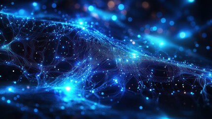 Obraz premium Glowing blue network of interconnected threads and particles creating a complex abstract digital web with a futuristic and dynamic feel