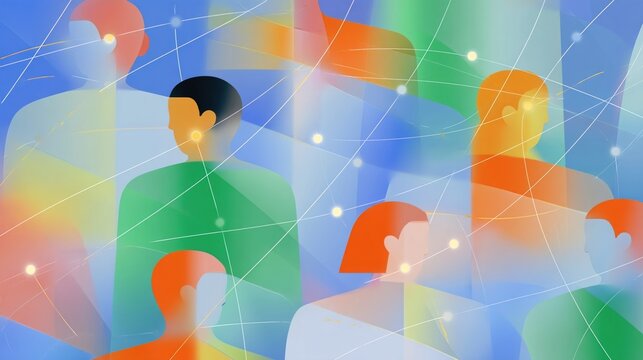 An illustration of interconnected users with data points where some points are marked as blurred or distorted conveying the idea of safeguarding identities through noise in differential