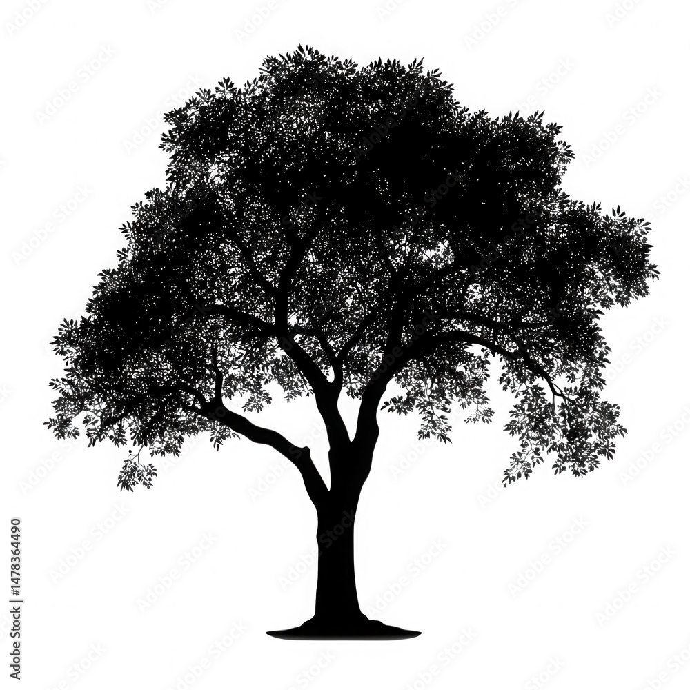 Poster silhouette of a tree with dense foliage against a transparent background in a grayscale rendering st