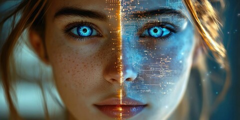 Close-up of a woman's face with bright blue eyes, half natural skin and half digital overlay showing circuitry patterns, conveying a fusion of human and technology