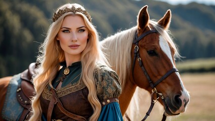 Obraz premium Elegant woman in medieval costume with beautiful horse