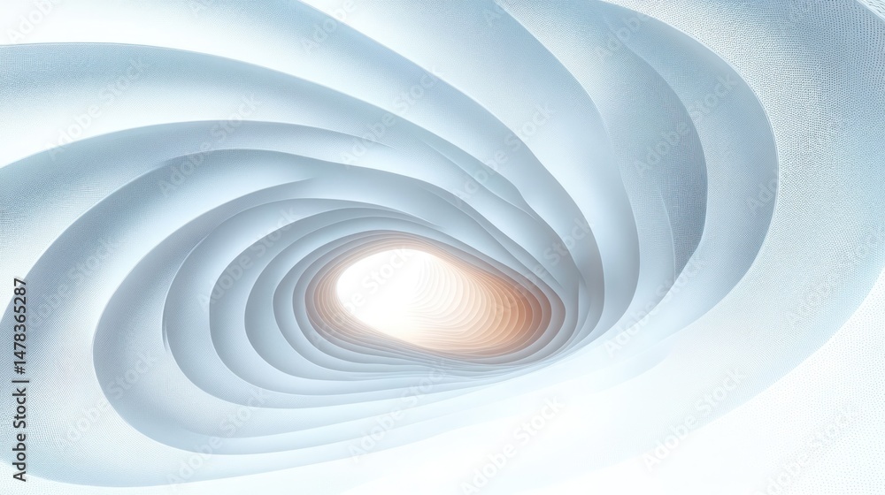Poster abstract spiral tunnel with smooth flowing white layers converging toward a bright central light, cr
