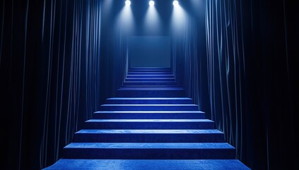 Fototapeta premium Blue Stairway In Dark Corridor With Spotlight